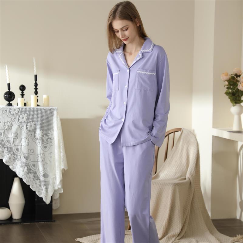 Solid Color Cotton Long-sleeved Trousers Two-piece Shirt Collar Outerwear Homewear Pajamas