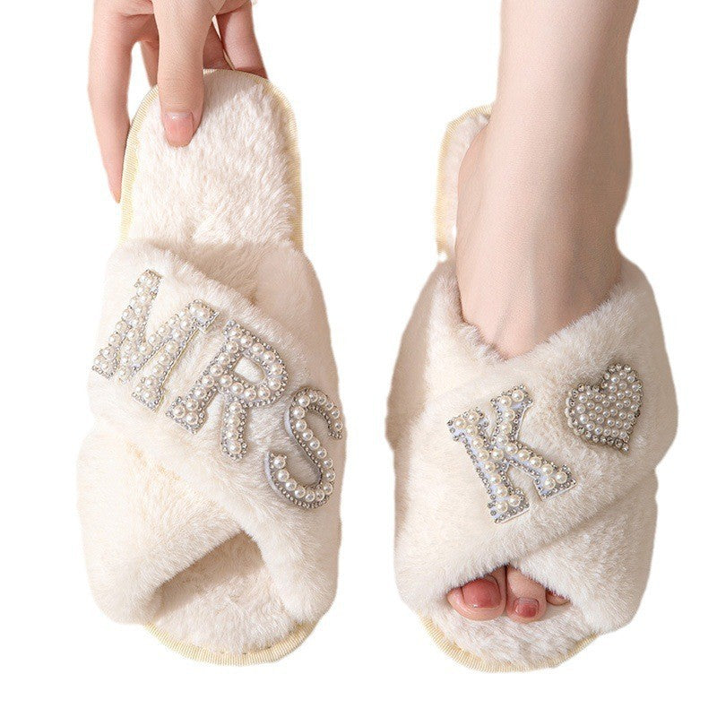 Women's Plush Slippers Home Non-slip Cotton Slippers Fleece-lined Thickened Cross Toe Covering Fluffy Slippers