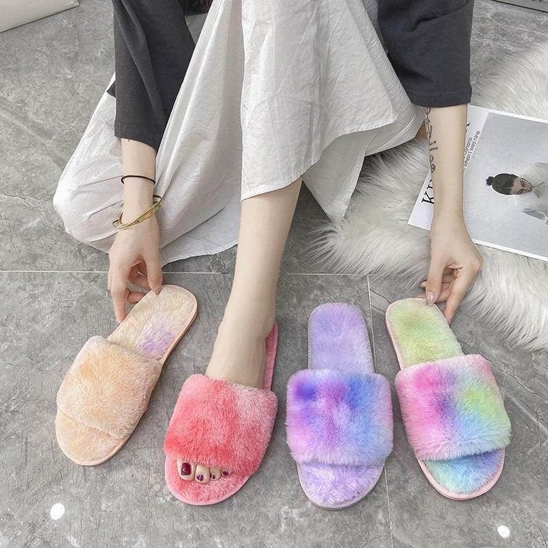 Women's Casual Plush Rainbow Cotton Slippers