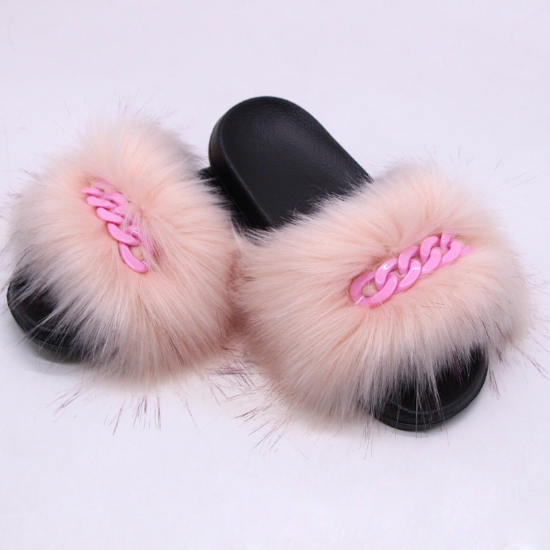 Faux Fox Fur Slippers Female Color Chain Plush Flip-flop Sandals And Slippers