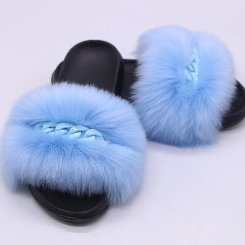 Faux Fox Fur Slippers Female Color Chain Plush Flip-flop Sandals And Slippers