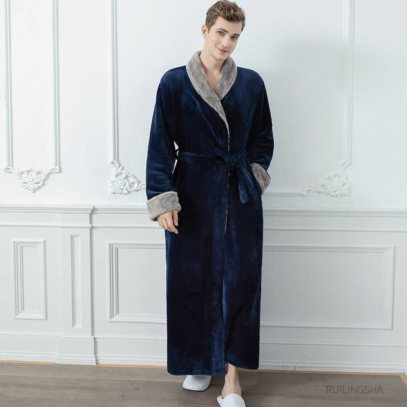 Winter Long Coral Fleece Men's Thick Warm Flannel Bathrobe