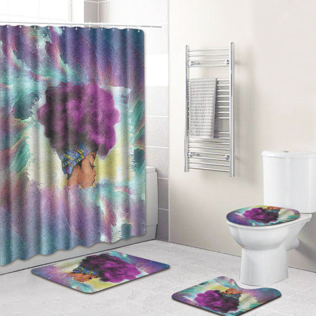 4 Pcs Shower Curtain Bath Mat Toilet Pad Set