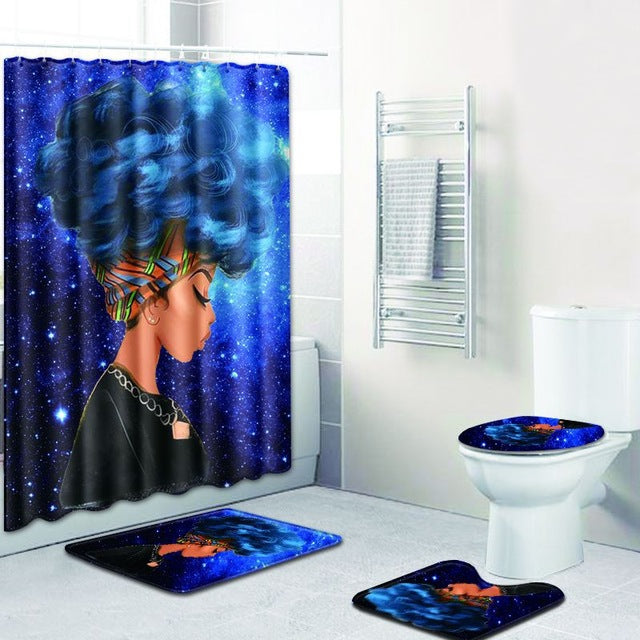 4 Pcs Shower Curtain Bath Mat Toilet Pad Set