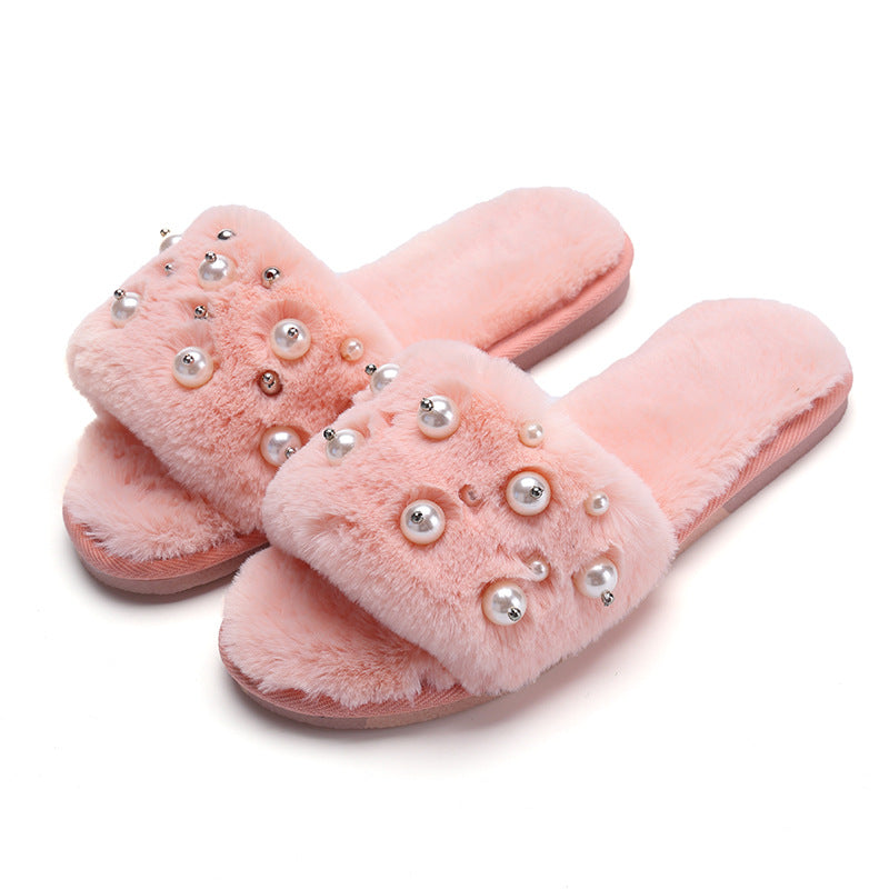 Ladies wear beaded plush slippers