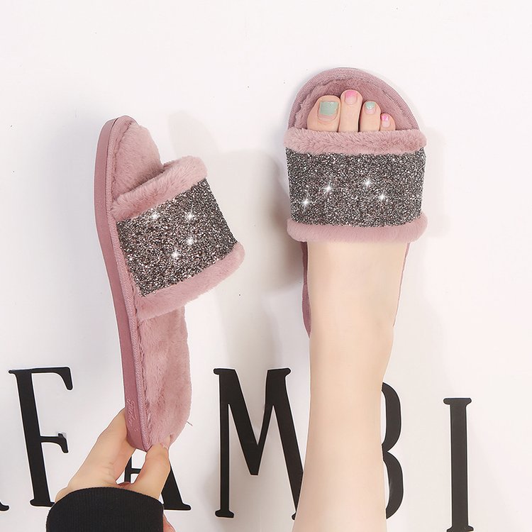 Rhinestone plush indoor slippers