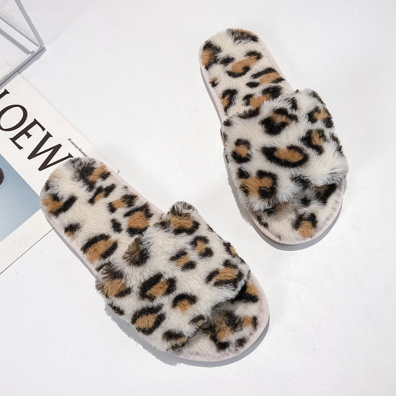 Leopard slippers female fur mop