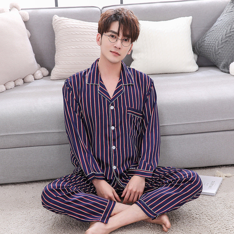 Imitation Silk Couple Pajamas Striped Ladies And Mens Silk Home Service Korean Style Lapel Thin Suit