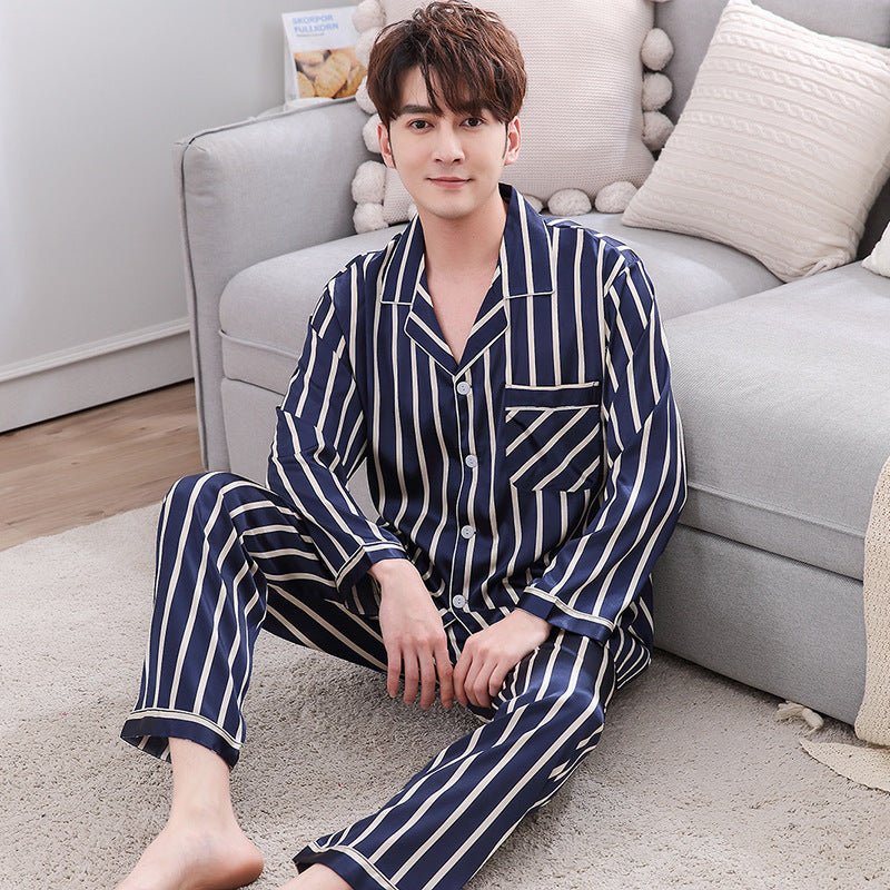 Imitation Silk Couple Pajamas Striped Ladies And Mens Silk Home Service Korean Style Lapel Thin Suit