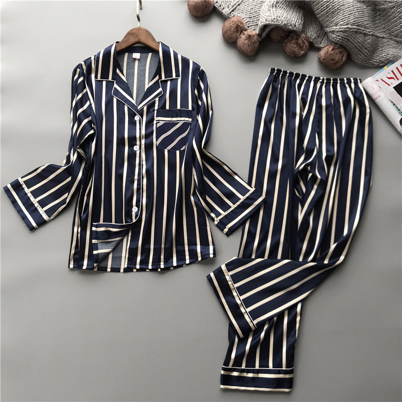 Imitation Silk Couple Pajamas Striped Ladies And Mens Silk Home Service Korean Style Lapel Thin Suit