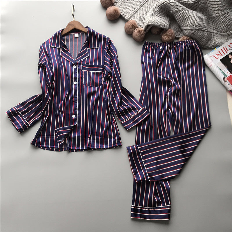 Imitation Silk Couple Pajamas Striped Ladies And Mens Silk Home Service Korean Style Lapel Thin Suit