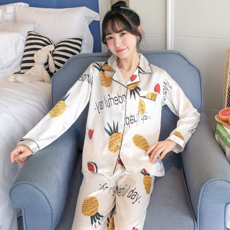 Pajamas Women Spring And Autumn New Long-Sleeved Sexy Summer Ice Silk Ladies Home Service Silk Two-Piece Suit