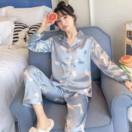 Pajamas Women Spring And Autumn New Long-Sleeved Sexy Summer Ice Silk Ladies Home Service Silk Two-Piece Suit