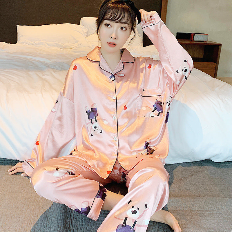 Pajamas Women Spring And Autumn New Long-Sleeved Sexy Summer Ice Silk Ladies Home Service Silk Two-Piece Suit