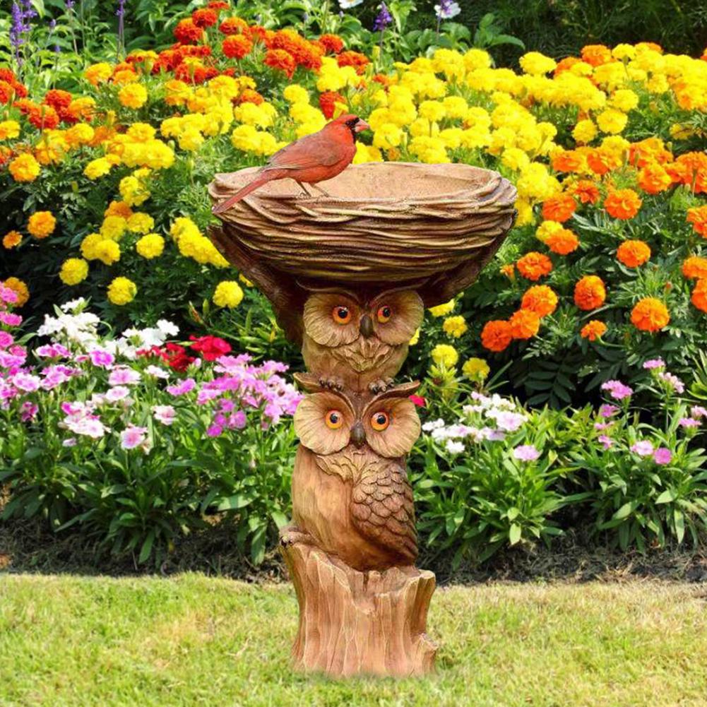 Bird Bath & Feeder Pedestal Free Standing Garden Bird Outdoor bath Tray Owl Dsgn