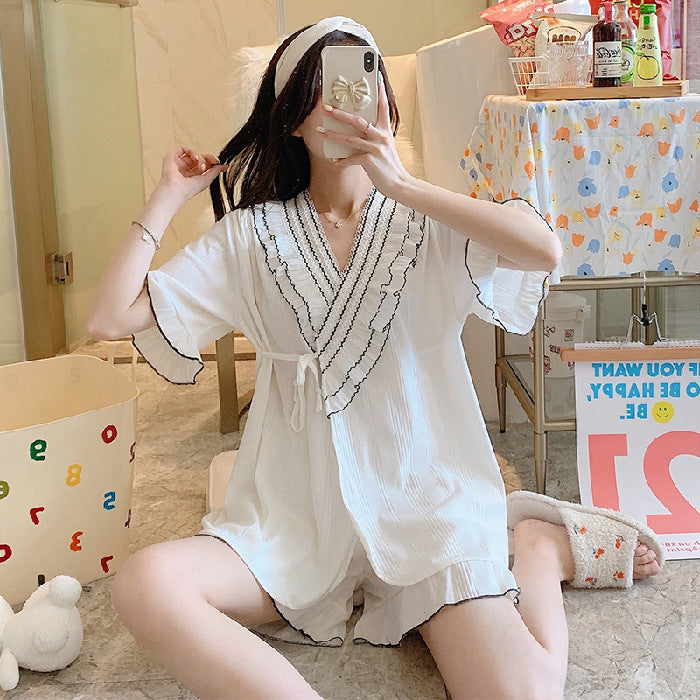 Knitted Cotton Kimono Short-sleeved Sweet Lace Suit