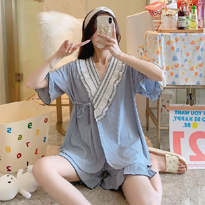 Knitted Cotton Kimono Short-sleeved Sweet Lace Suit