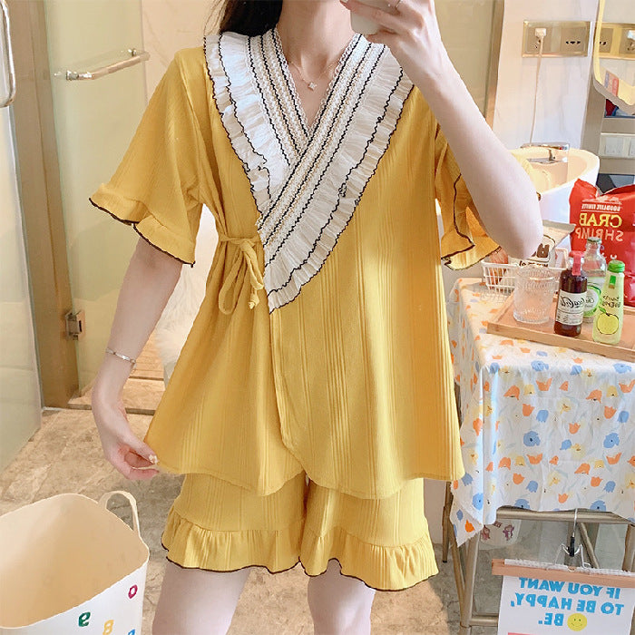 Knitted Cotton Kimono Short-sleeved Sweet Lace Suit