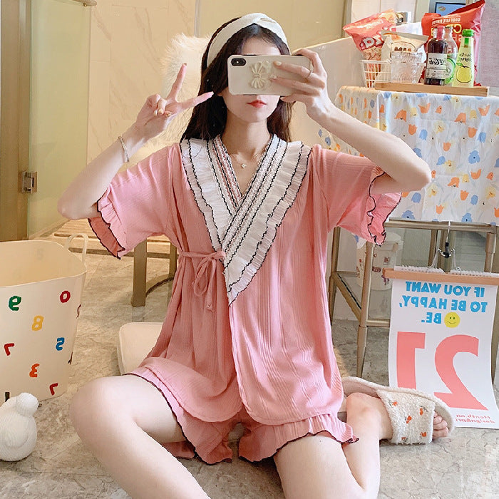 Knitted Cotton Kimono Short-sleeved Sweet Lace Suit