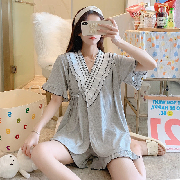 Knitted Cotton Kimono Short-sleeved Sweet Lace Suit