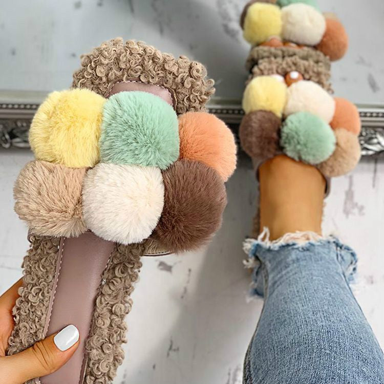 Fashion Ladies Colorful Fur Ball Slippers