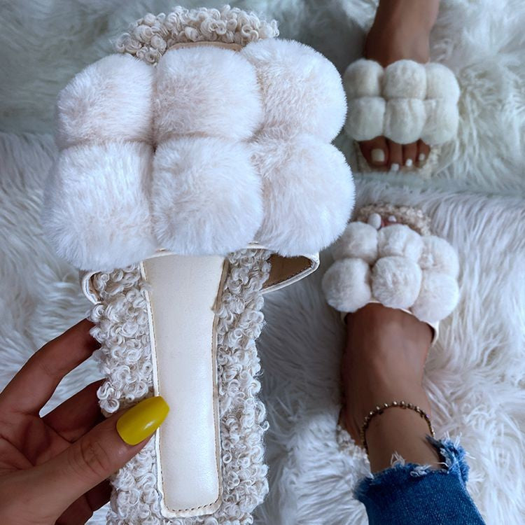 Fashion Ladies Colorful Fur Ball Slippers