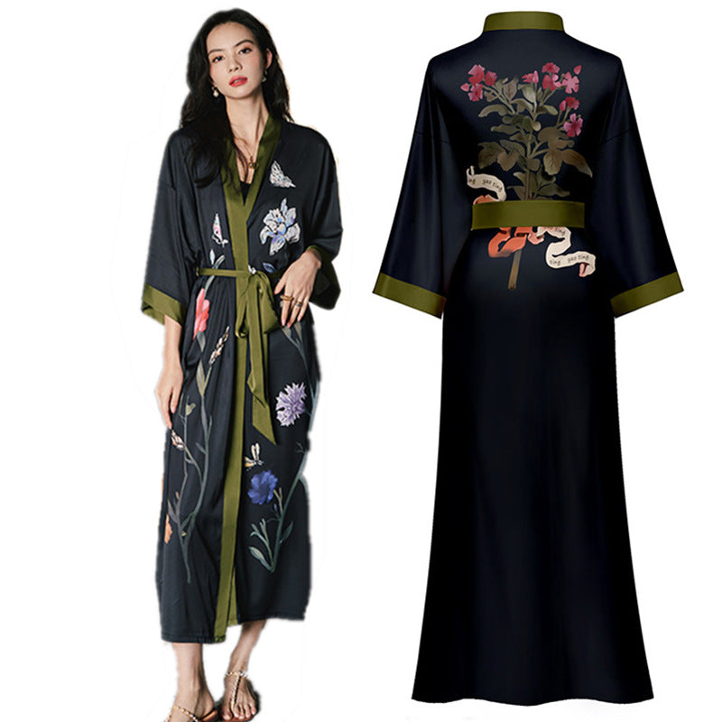 Large Size Ice Silk Satin Black Lace Green Robe