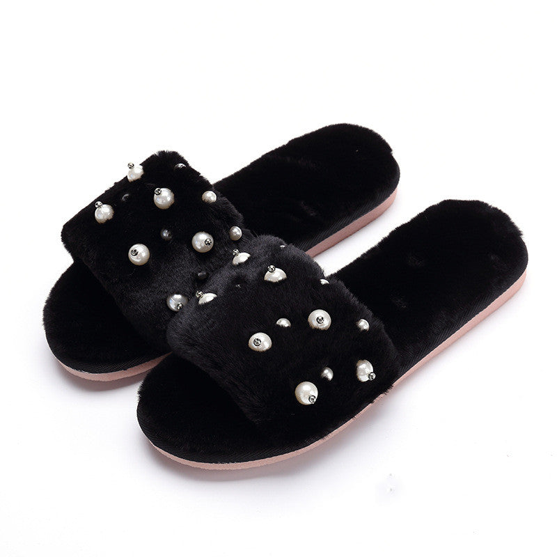 Ladies wear beaded plush slippers