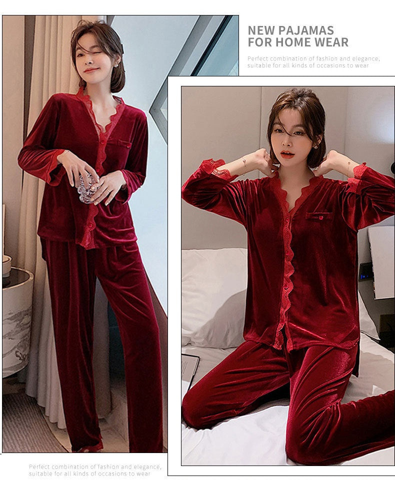 Gold Velvet Pajamas Women's Long-sleeved Two-piece Set