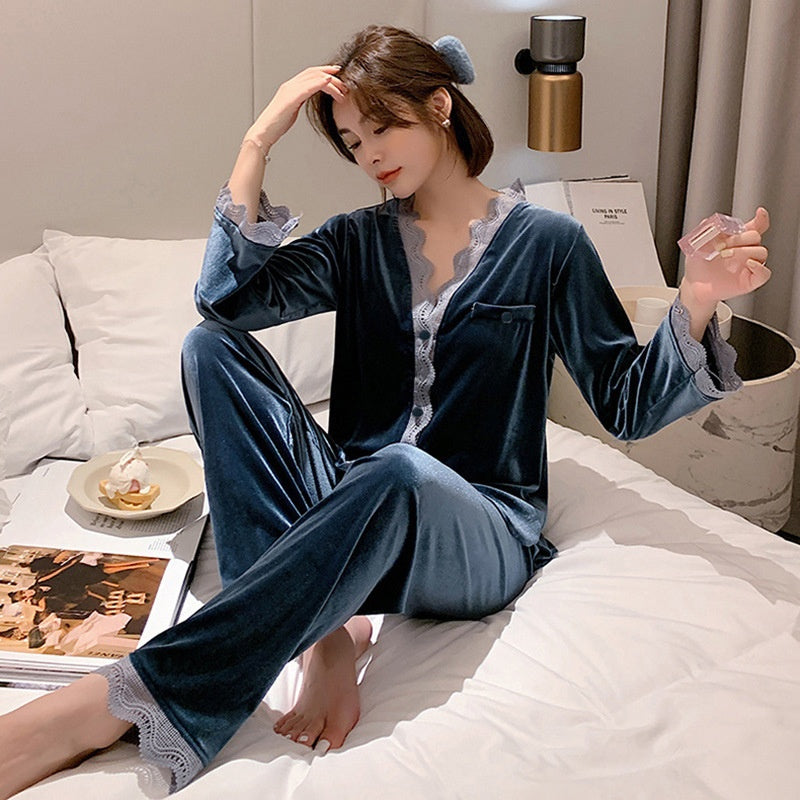 Gold Velvet Pajamas Women's Long-sleeved Two-piece Set