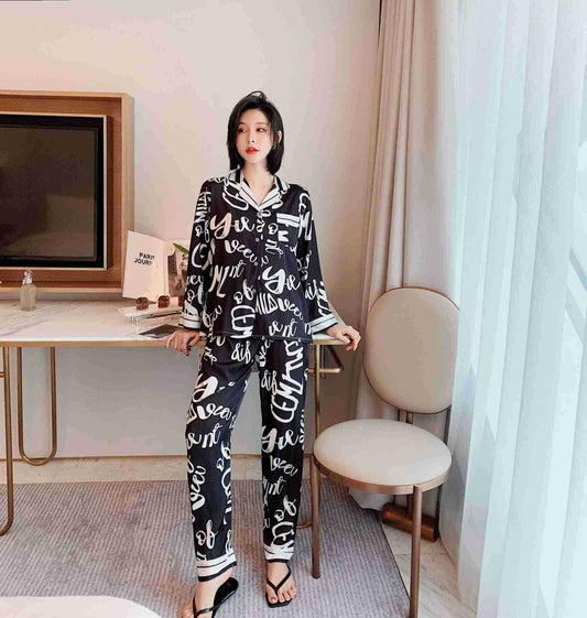 Printed pajamas spring and autumn simulation silk