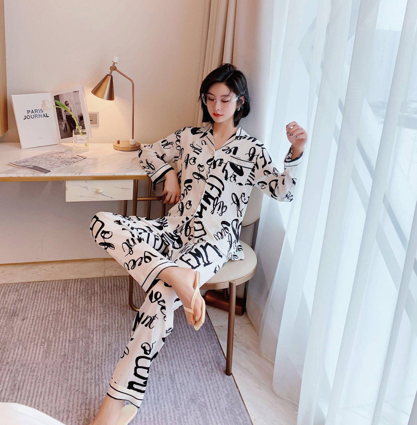 Printed pajamas spring and autumn simulation silk