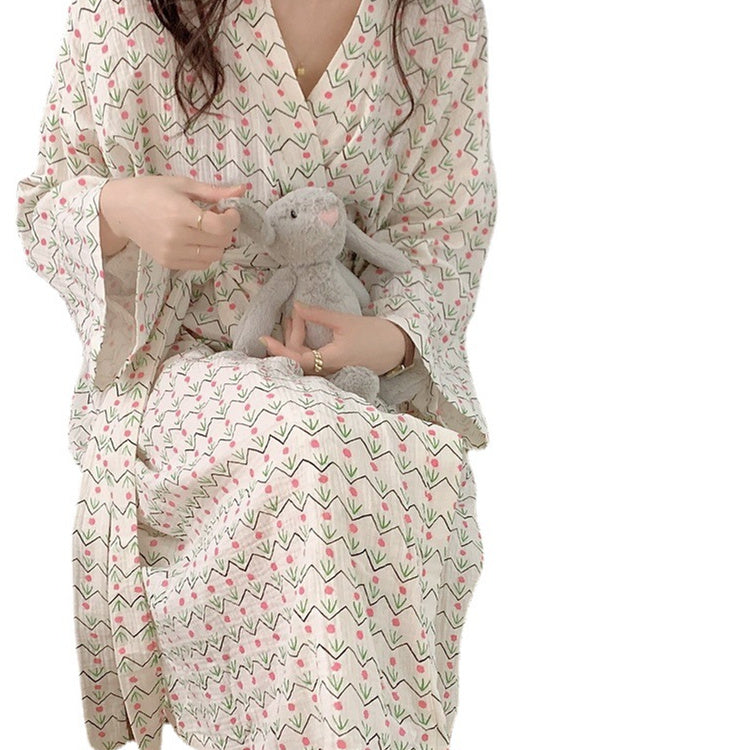 Women's Autumn Pure Cotton Cute Flower Print Bathrobe