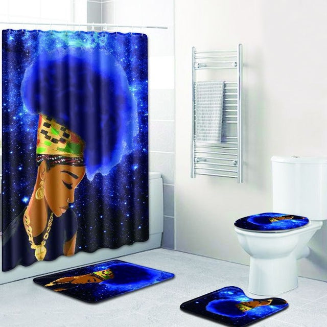 4 Pcs Shower Curtain Bath Mat Toilet Pad Set