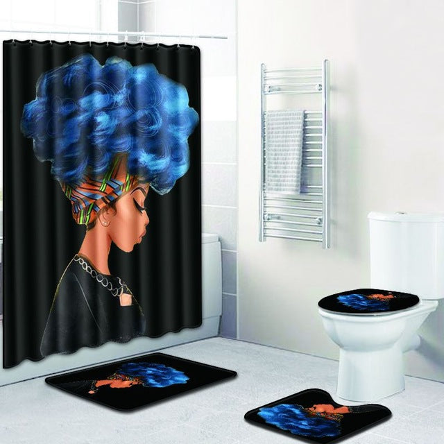 4 Pcs Shower Curtain Bath Mat Toilet Pad Set