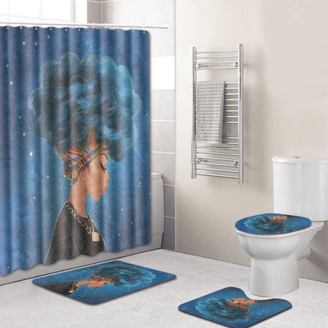 4 Pcs Shower Curtain Bath Mat Toilet Pad Set