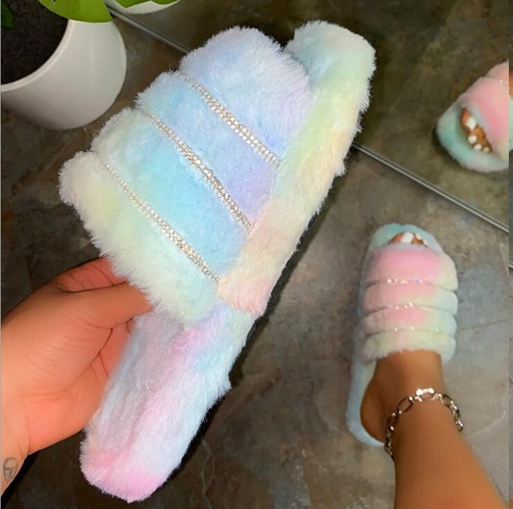 Rhinestone colored plush slippers