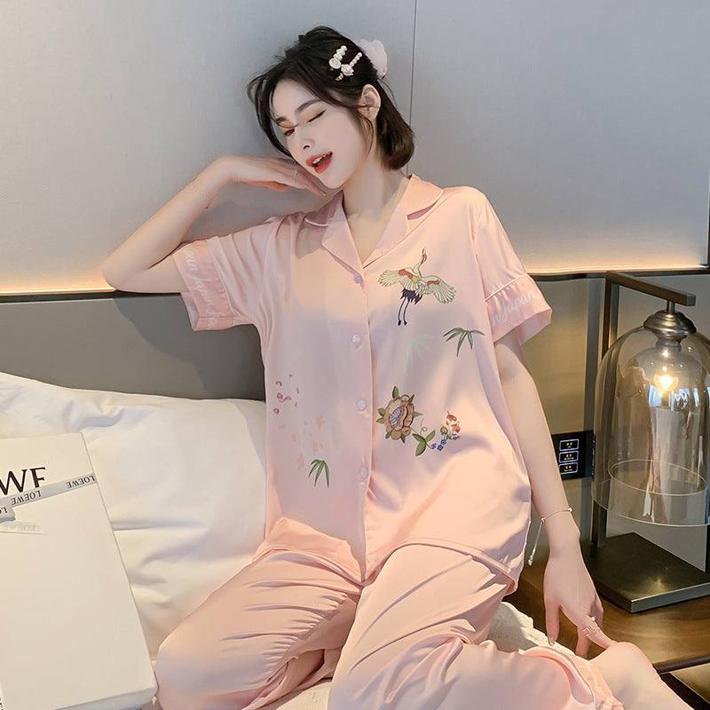 Lapel Faux Silk Homewear Short Sleeve Pants Pajama Set