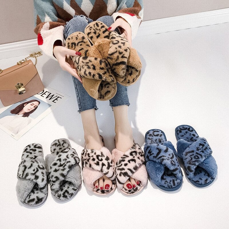 Leopard slippers female fur mop