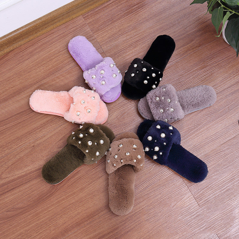 Ladies wear beaded plush slippers