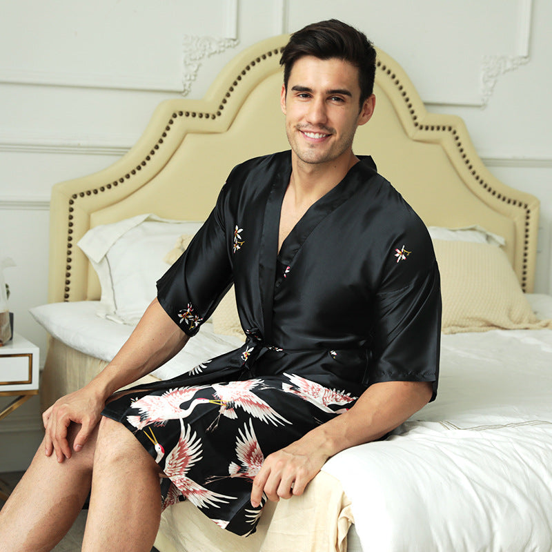 Mid-length Printed Artificial Silk Nightgown Men's Groom Best Man Morning Gowns Sexy Pajamas