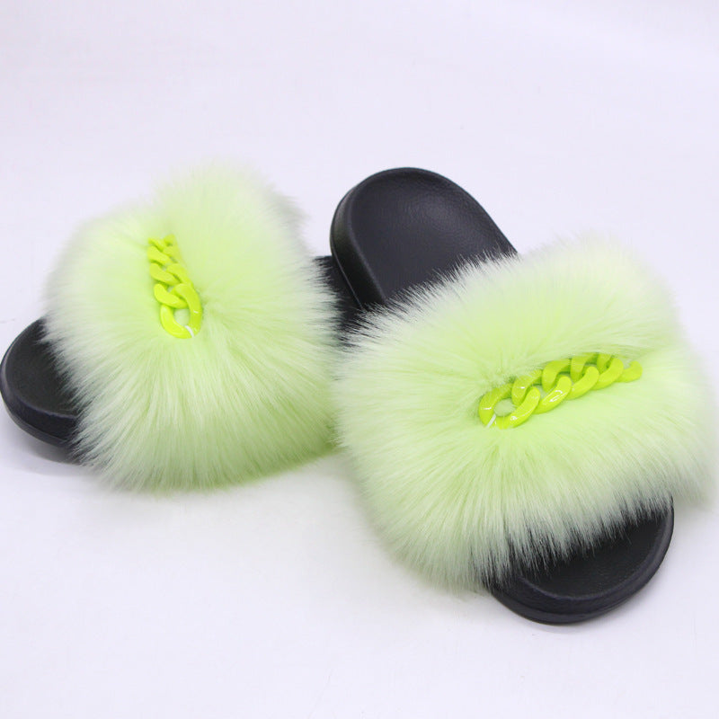 Faux Fox Fur Slippers Female Color Chain Plush Flip-flop Sandals And Slippers