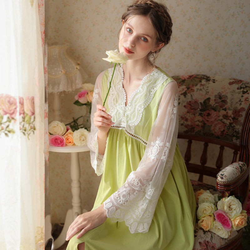 Long-sleeved V-neck Nightdress Embroidered With Cotton Gauze