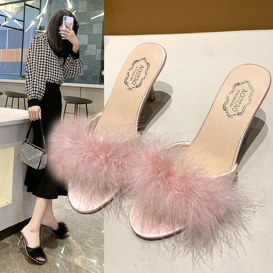 One-line Ladies High-heeled Slippers, Plush Sandals And Slippers