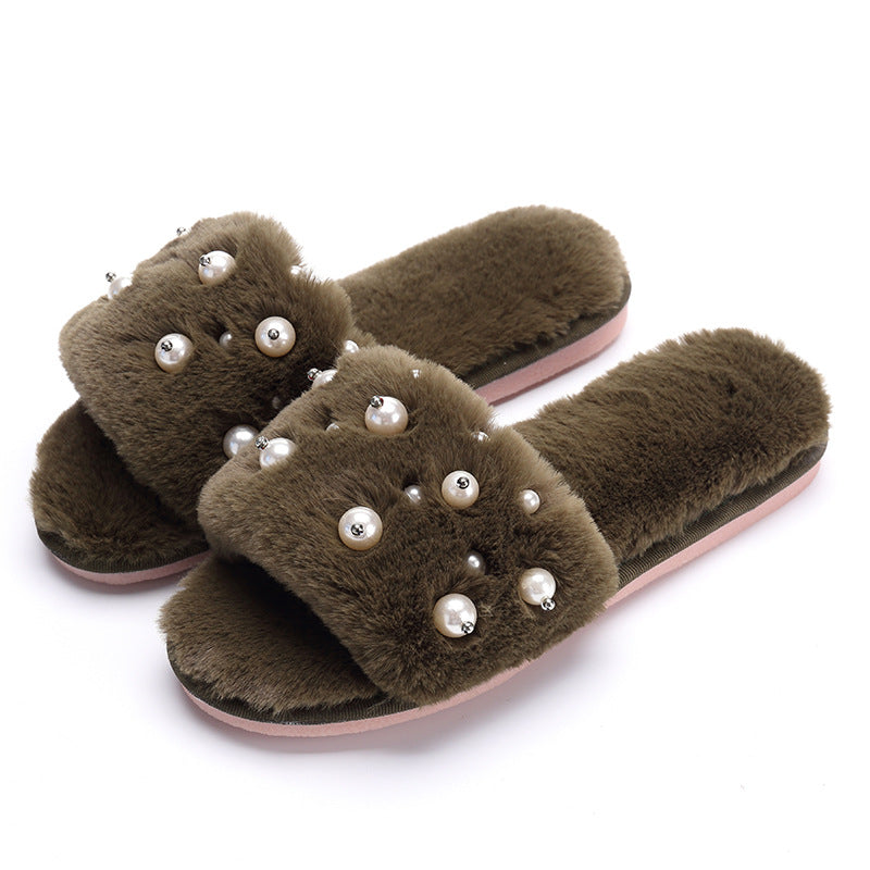 Ladies wear beaded plush slippers