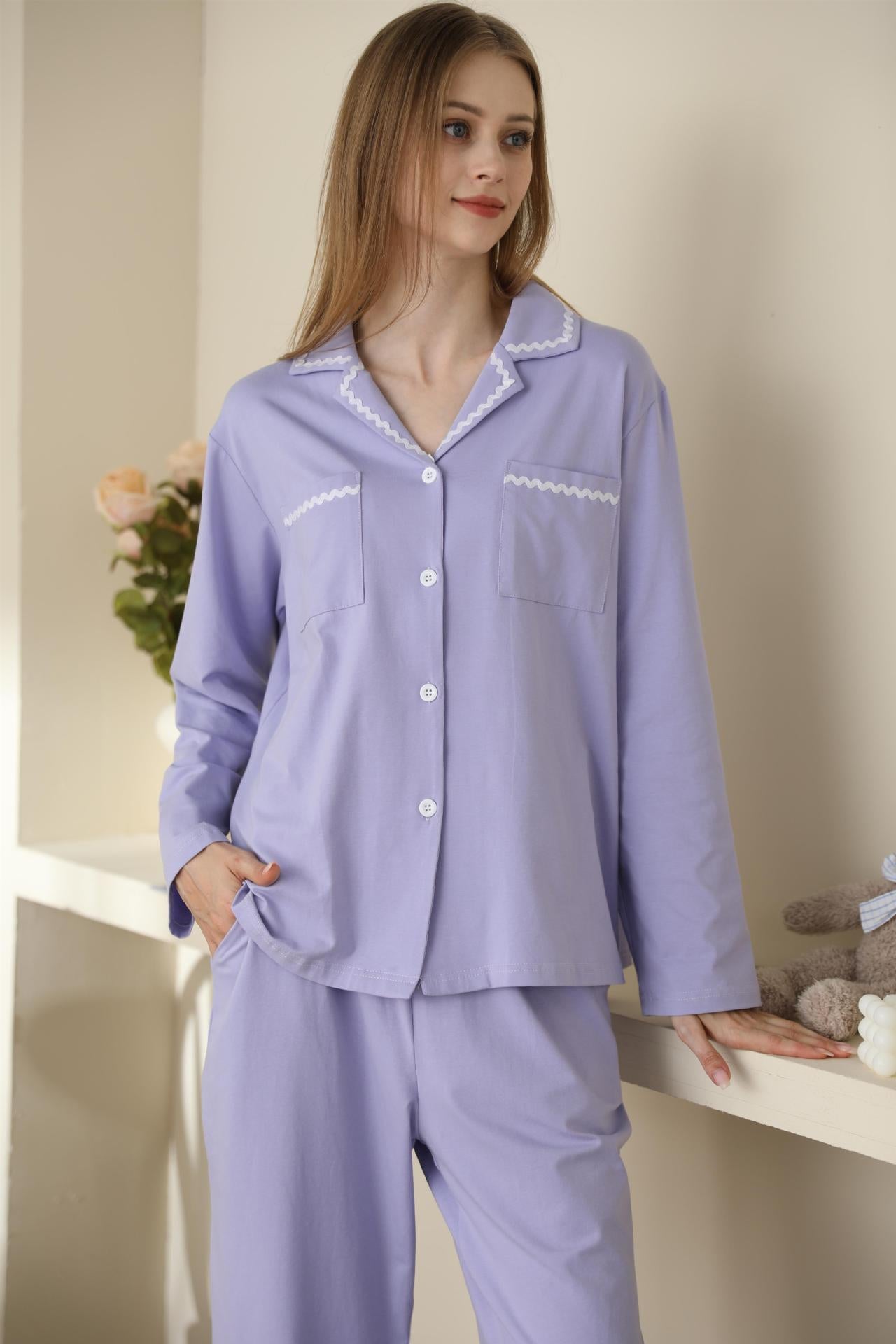 Solid Color Cotton Long-sleeved Trousers Two-piece Shirt Collar Outerwear Homewear Pajamas