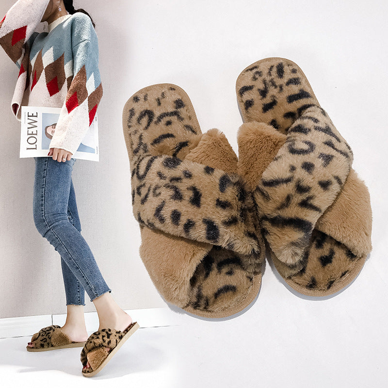 Leopard slippers female fur mop