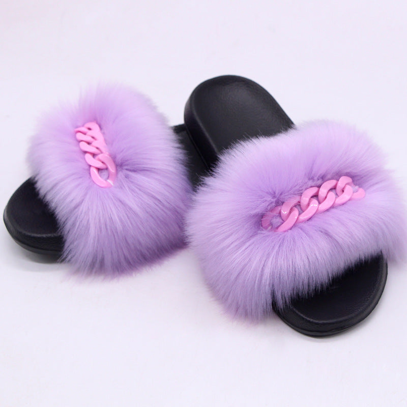 Faux Fox Fur Slippers Female Color Chain Plush Flip-flop Sandals And Slippers