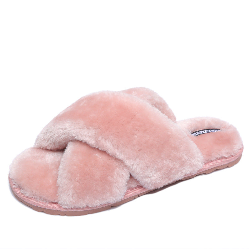 Cross open-toe fur slippers