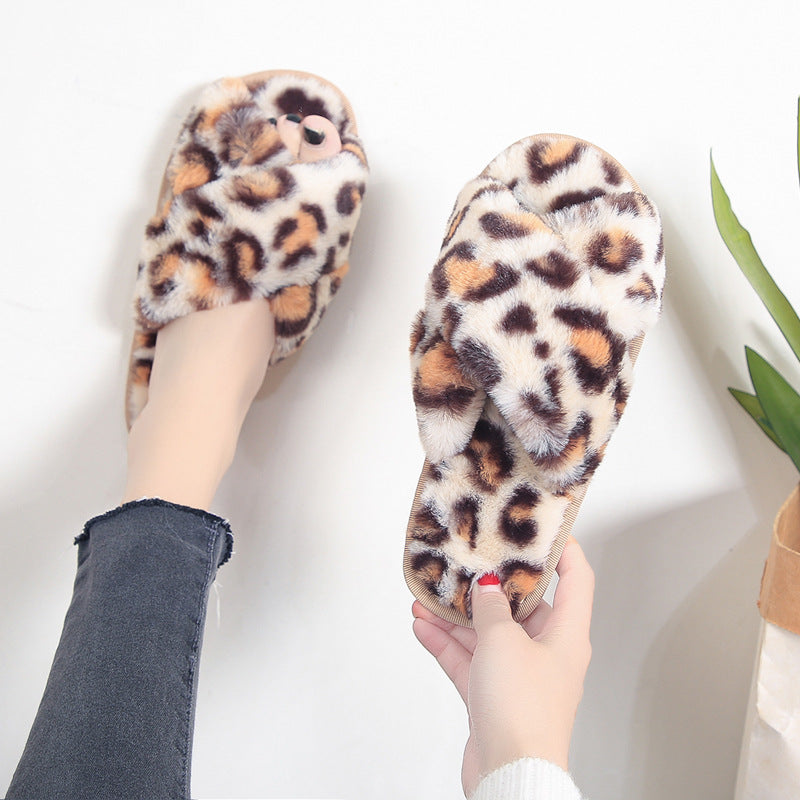 Cross-strap Fuzzy Slippers Leopard Plush House Shoes Flat Bedroom Slippers Slippers For Women